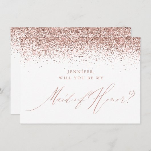 Chic Rose Gold Glitzer Script Weiße Trauzeugin Einladung (Vorne/Hinten)