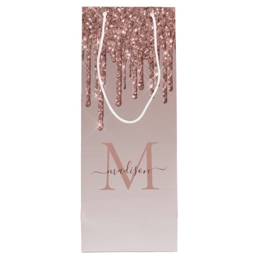 Chic Rose Gold Glitzer Sparkle Tropfen Monogram Geschenktüte Für Weinflaschen (Rückseite)