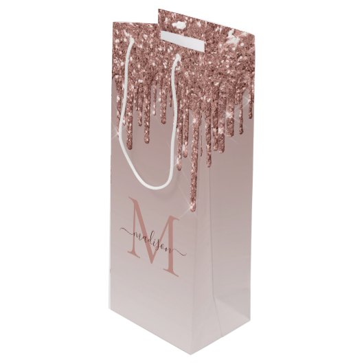 Chic Rose Gold Glitzer Sparkle Tropfen Monogram Geschenktüte Für Weinflaschen (Vorderseite Schrägansicht)