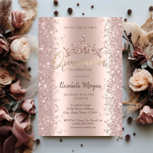 Chic Rose Gold Glitzer Staubkrone Quinceañera Einladung