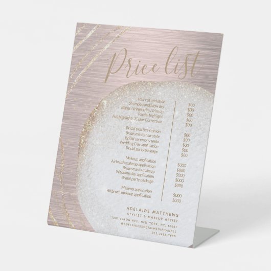 Chic Rose Gold Glitzer Stylist Salon Preisliste Sockelschild (Vorderseite)