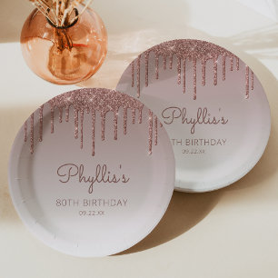 Chic Rose Gold Glitzer Tropfen 80. Geburtstagspart Pappteller
