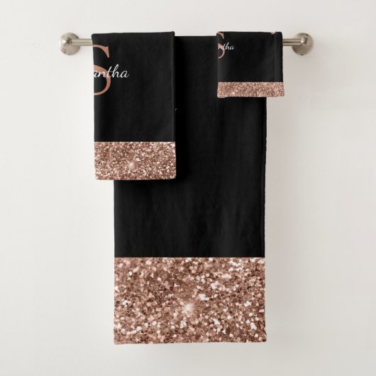 Chic Rose Gold Glitzer Tropfen Black Monogram Name Badhandtuch Set (Insitu)