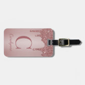 Chic Rose Gold Glitzer Tropfen Monogram Gepäckanhänger (Vorderseite horizontal)