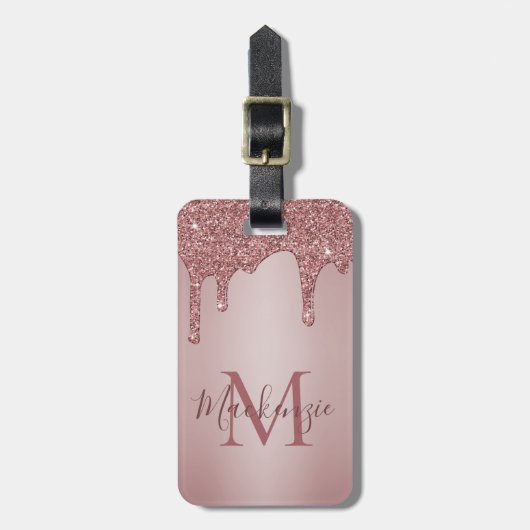 Chic Rose Gold Glitzer Tropfen Monogram Gepäckanhänger (Vorderseite vertikal)