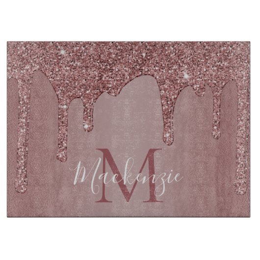 Chic Rose Gold Glitzer Tropfen Monogram Schneidebrett (Vorderseite)
