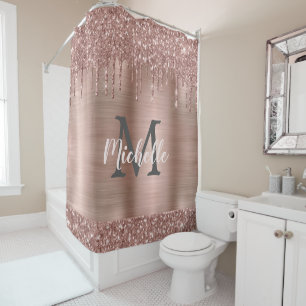 Chic Rose Gold Glitzer Tropfen Pink Metal Monogram Duschvorhang