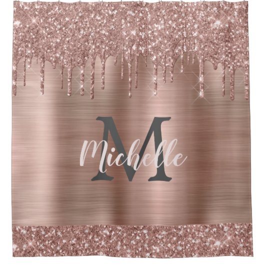 Chic Rose Gold Glitzer Tropfen Pink Metal Monogram Duschvorhang (Vorderseite)