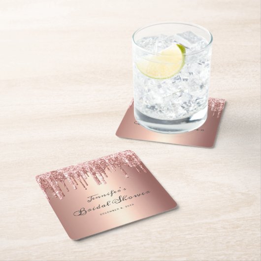 Chic Rose Gold Glitzer Tropfen Script Brautparty Rechteckiger Pappuntersetzer (Vor Ort)