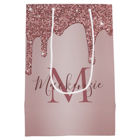 Chic Rose Gold Glitzer Tropfen Sparkone Monogramm Mittlere Geschenktüte (Rückseite)