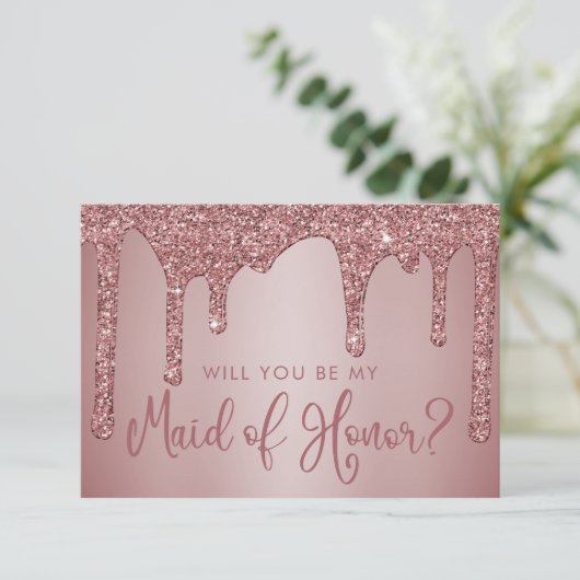 Chic Rose Gold Glitzer Tropfen Trauzeugin Einladung (Stehend Vorderseite)