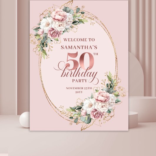 Chic Rose Gold Greenery 50th Birthday Celebration  Wandteppich