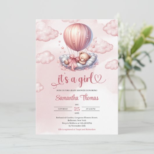 Chic Rose Gold ist ein Mädchen, das einen Teddybär Einladung (Stehend Vorderseite)