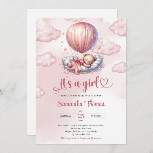 Chic Rose Gold ist ein Mädchen, das einen Teddybär Einladung (Vorne/Hinten)