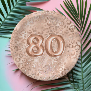 Chic Rose Gold Leopard Print 80. Geburtstag Pappteller