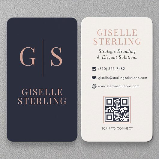 Chic Rose Gold Monogram Navy Blue QR Code Visitenkarte