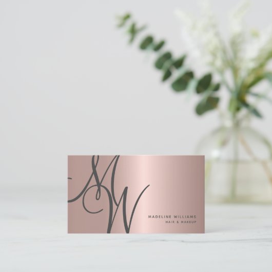 Chic Rose Gold Monogram Script Initials Stylist Visitenkarte (Stehend Vorderseite)