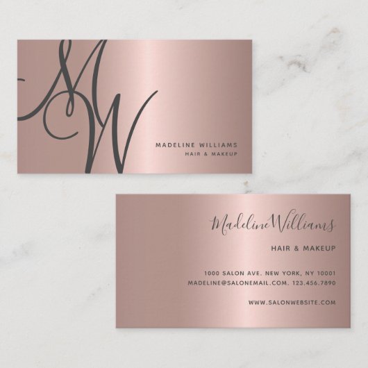 Chic Rose Gold Monogram Script Initials Stylist Visitenkarte (Vorne/Hinten)