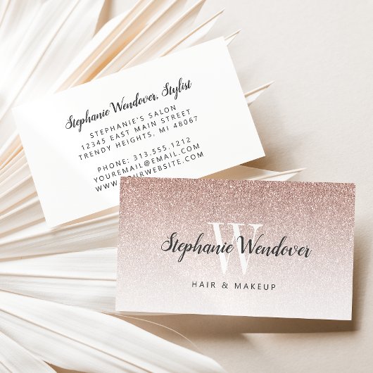 Chic Rose Gold Ombre Glitzer Monogram Visitenkarte