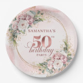 Chic Rose Gold Peony 50th Birthday Party Plates Pappteller (Vorderseite)