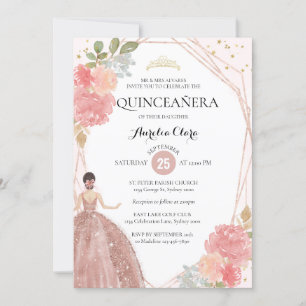 Chic Rose Gold Pink Floral Geometric Quinceañera I Einladung