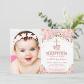 Chic Rose Gold Pink Glitzer Blumenbläsertaufen Fot Einladung (Stehend Vorderseite)