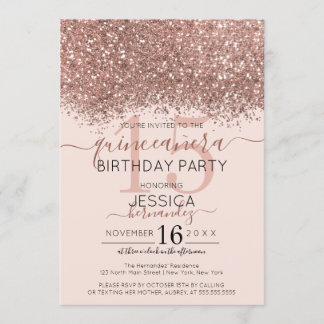 Chic Rose Gold Pink Glitzer Confetti Quinceañera Einladung