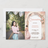 Chic Rose Gold Quinceañera Dress Floral Arch Foto Einladung (Vorderseite)