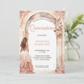 Chic Rose Gold Quinceañera Dress Floral Arch Foto Einladung (Stehend Vorderseite)