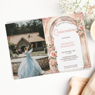 Chic Rose Gold Quinceañera Rose Blumenstrauß Foto Einladung