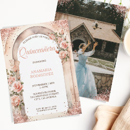 Chic Rose Gold Quinceañera Rose Blumenstrauß Foto Einladung