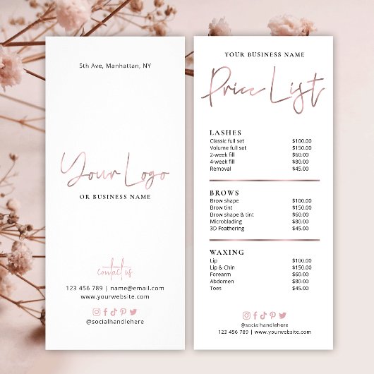 Chic Rose Gold Salon Preisliste der Dienstleistung Werbekarte