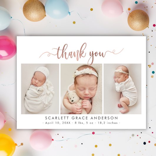 Chic Rose Gold Script Baby Foto Collage Vielen Dan Postkarte