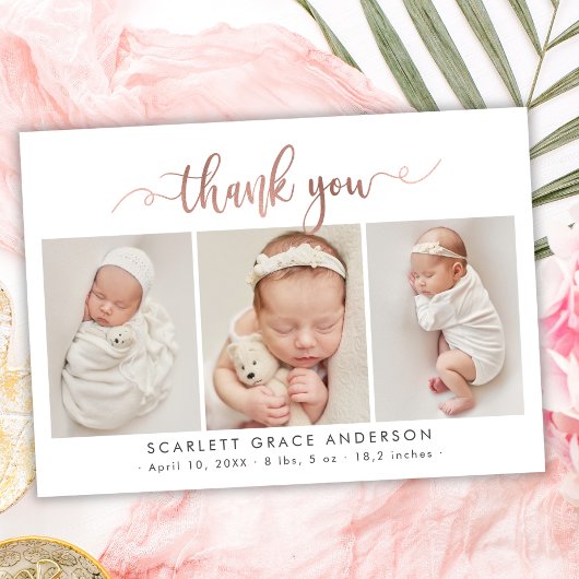 Chic Rose Gold Script Baby Foto Collage Vielen Dan Postkarte