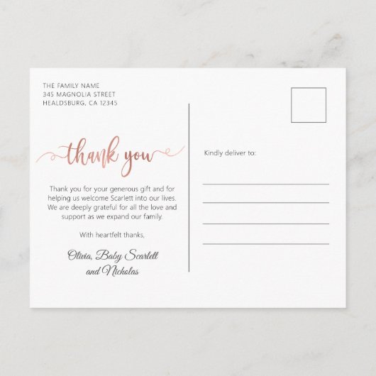Chic Rose Gold Script Baby Foto Collage Vielen Dan Postkarte (Rückseite)
