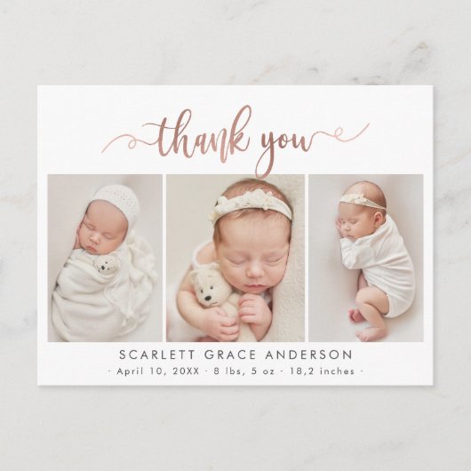 Chic Rose Gold Script Baby Foto Collage Vielen Dan Postkarte (Vorderseite)