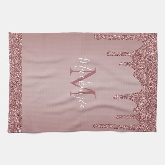 Chic Rose Gold Sparkle Drilling Glitzer Monogram Geschirrtuch (Horizontal)