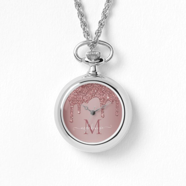 Chic Rose Gold Sparkle Glitzer Tropfen Monogram Armbanduhr (Vorderseite)