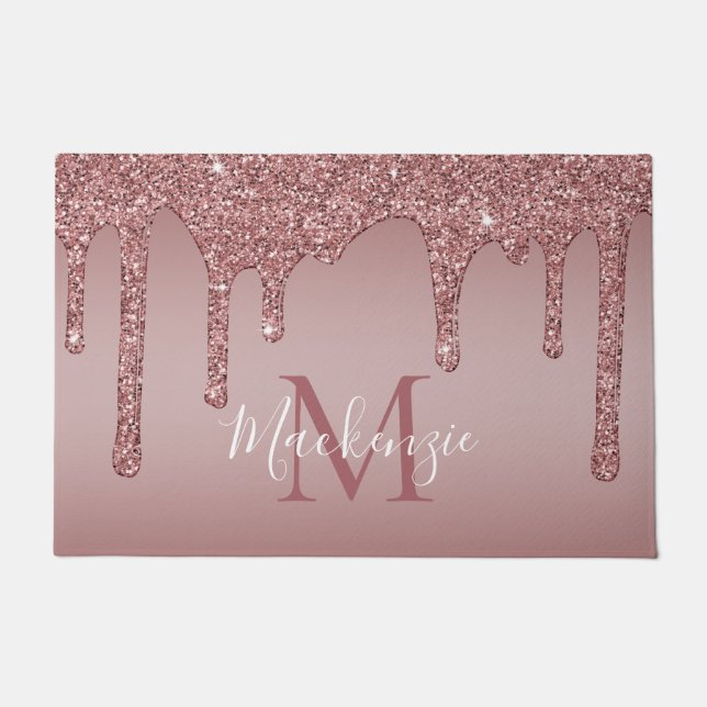 Chic Rose Gold Sparkle Glitzer Tropfen Monogram Fußmatte (Vorderseite)
