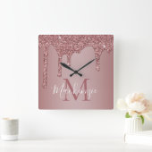Chic Rose Gold Sparkle Glitzer Tropfen Monogram Quadratische Wanduhr (Zuhause)