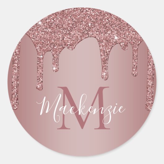 Chic Rose Gold Sparkle Glitzer Tropfen Monogram Runder Aufkleber (Vorderseite)