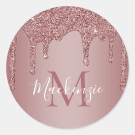Chic Rose Gold Sparkle Glitzer Tropfen Monogram Runder Aufkleber