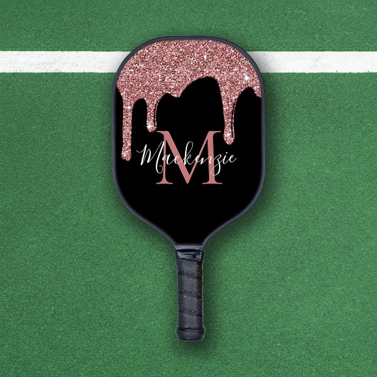 Chic Rose Gold und Black Glitzer Tropfen Monogram Pickleball Schläger