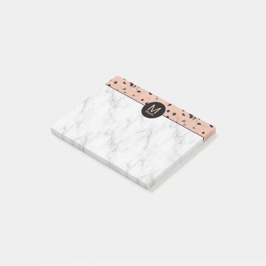 Chic Rose Gold und Marmor Muster mit Monogramm Post-it Klebezettel (angewinkelt)