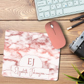 Chic Rose Gold White Marble Script Name Monogram Mousepad