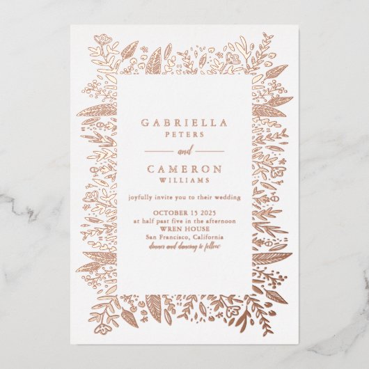 Chic Rose Goldene Blumenstraube Zeichnend Hochzeit Folieneinladung (Vorderseite)