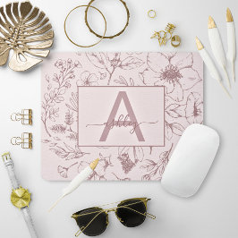 Chic Rose Pink Floral Script Name Monogram Mousepad