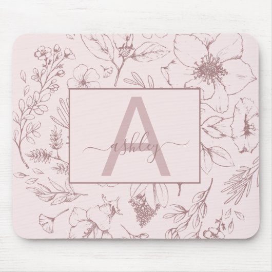 Chic Rose Pink Floral Script Name Monogram Mousepad (Vorne)