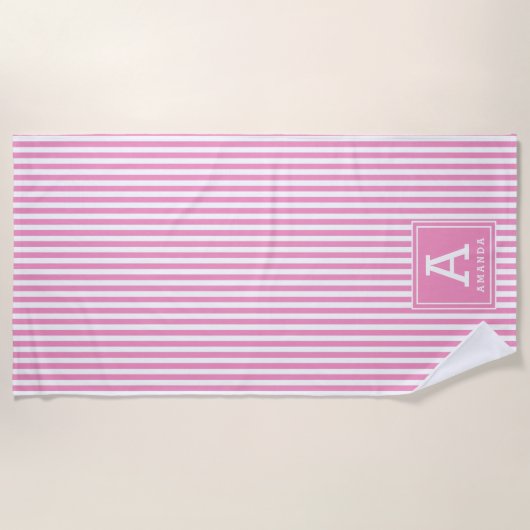Chic Rose Rosa Cabana Streifen Mit Monogramm Anfän Strandtuch (Vorderseite)