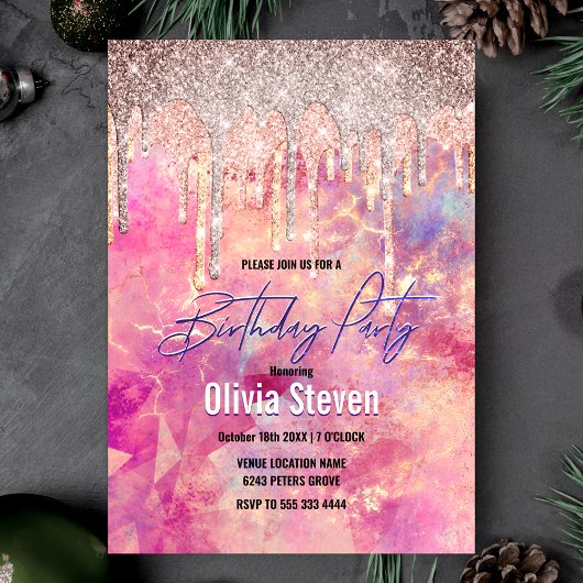 Chic Rose Rosa holografisches Tropfen Einladung